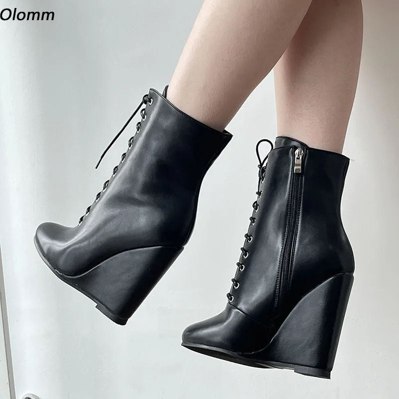 Olomm Handmade Women Winter Ankle Boots Wedges High Heels Round Toe Black Evening Shoes Women Plus US Size 5-20