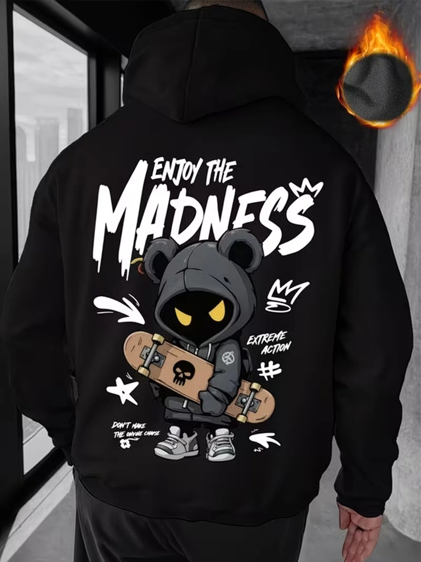 Herren-Mode-Hoodie, aus dickem, warmem, schwarzem Polyester, mit einem Cartoon-Skateboard-Motiv und dem Aufdruck „Enjoy The Madness“, in verschiedenen Größen erhältlich, ideal für