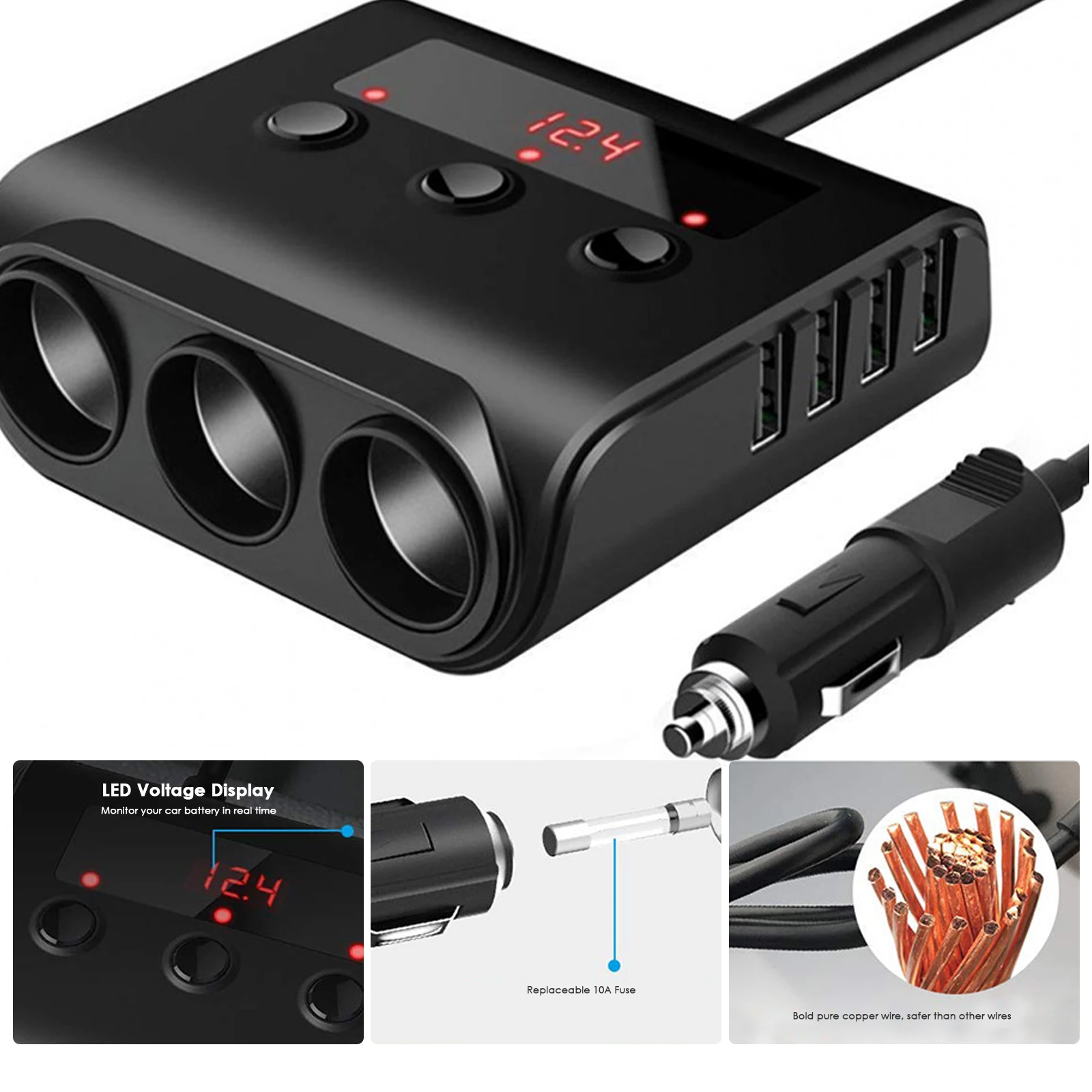 

Car Charger Adapter 3 Sockets Cigarette Lighter Splitter With 4 USB Ports 100W 12V/24V DC Power Outlet Splitter