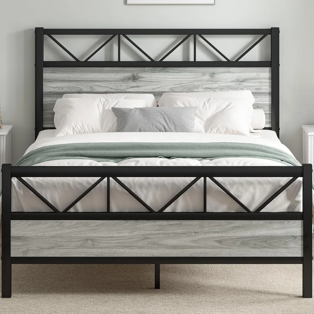 

Frame, Industrial 51.2" Platform Bed, Tall Headboard Bed Frame with Strong Metal Support, No Box Spring Needed