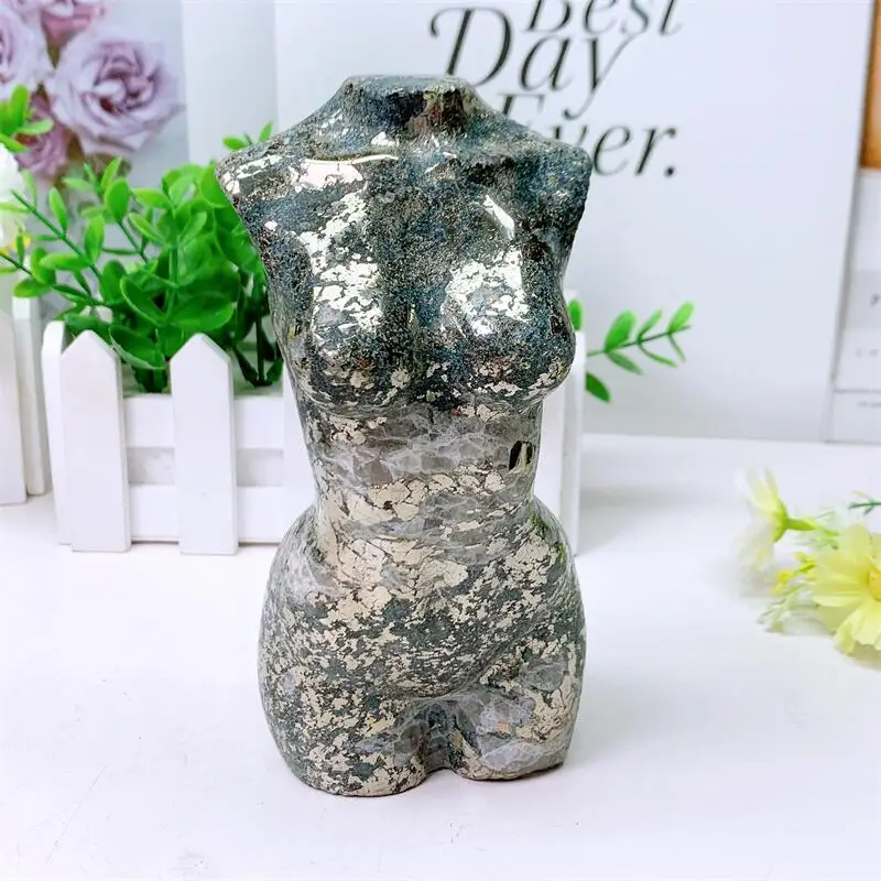 15CM Natural Pyrite Lady Body Statue Handmade Female Body Carved Crafts Figurine Healing Crystal Ornament Room Decor