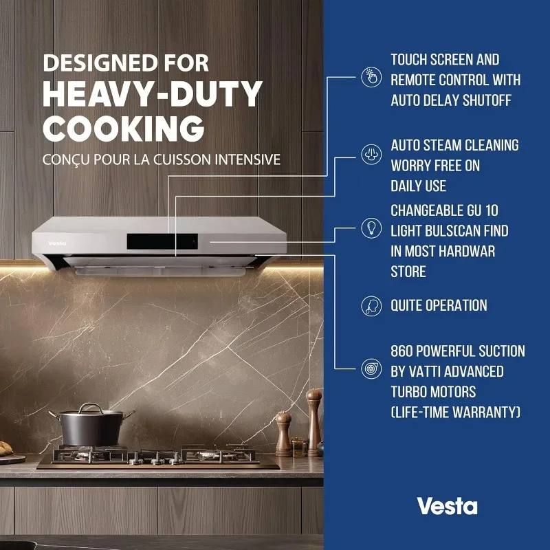 Vesta | Top Selections Range Hood 30" Auto-Clean Stainless Steel 860 CFM Under Cabinet | Steam Auto Clean, Touch Panel