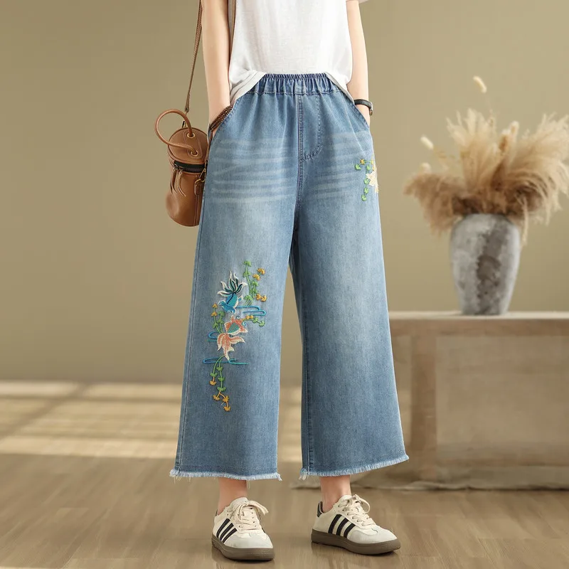 Japanese Vintage Mori Girl Cartoon Flower Embroidery Denim Straight Pant Women Spring Summer Elastic Waist Casual Wide Leg Jeans
