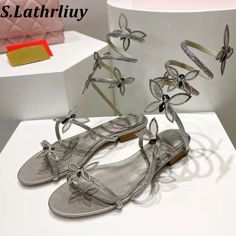 

Summer Shiny Crystal Fashion Ankle Strap Sandals Women's Bling Butterfly Decorative Elastic Strap Sandalia Banquet Dress Shoes