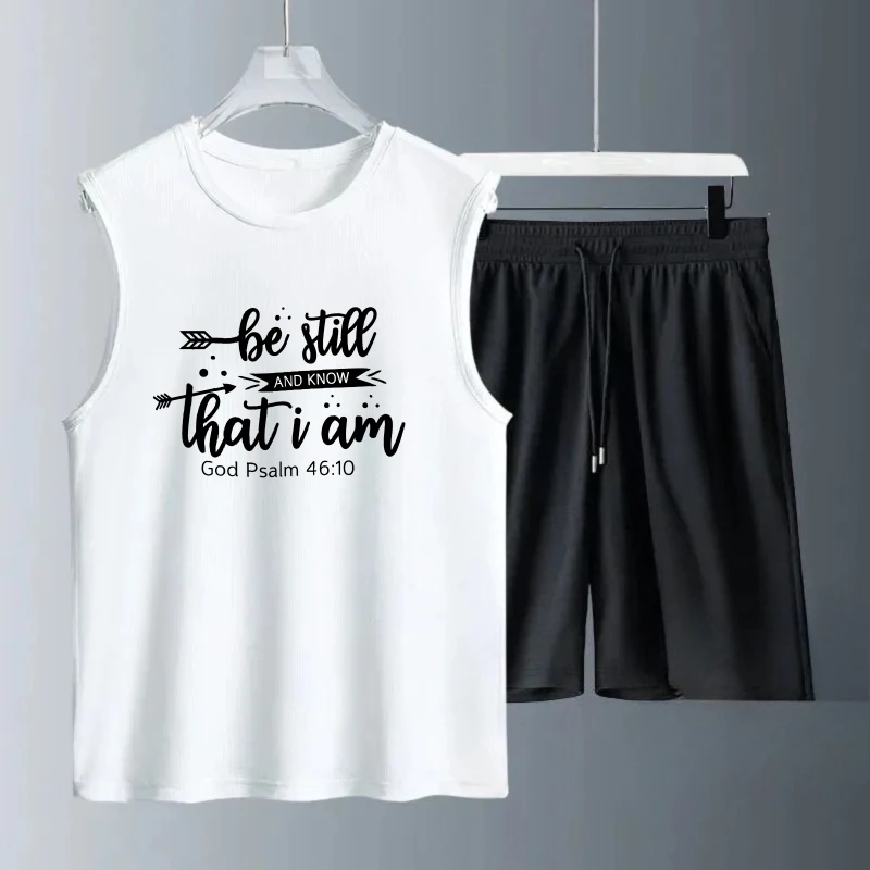 بدلة صدرية رجالية صيفية بدون أكمام مطبوعة Be Still تانك القمم + شورت بدلة تدريب مجموعة الرجال طقم بدلات رياضية مكون من قطعتين سريع #1