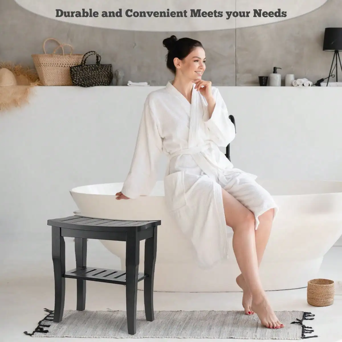 Bamboo Shower Bench & Stool Waterproof - Wood Shower Bench with Storage Shelf for Inside Shower(Black)