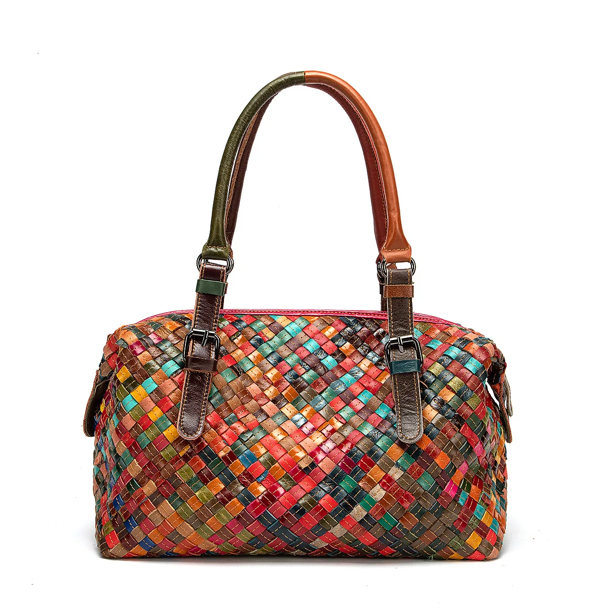 Vintage Patchwork Leather Handbag, Top-Grain Cowhide Women's Convertible Shoulder & Top-Handle Bag