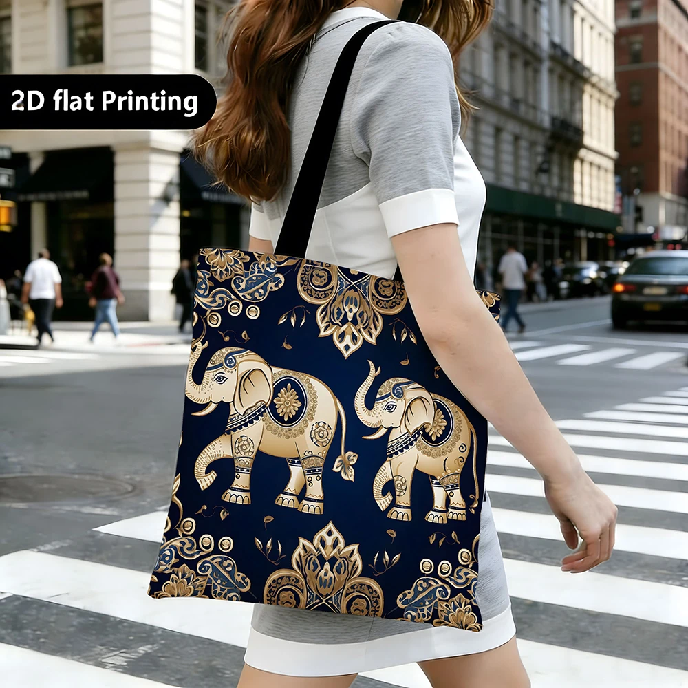 1PC  Golden Elephant Paisley Canvas Tote Bag – Boho Indian Inspired Print with Ornate Floral Patterns, Eco-Friendly Shoulder Bag