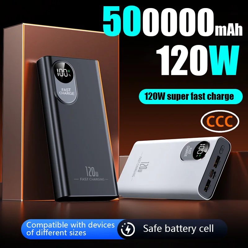 

2026NEW Power Bank 500000 мАч, большая емкость, 120 Вт, сверхбыстрая зарядка с портативным цифровым дисплеем для различных телефонов