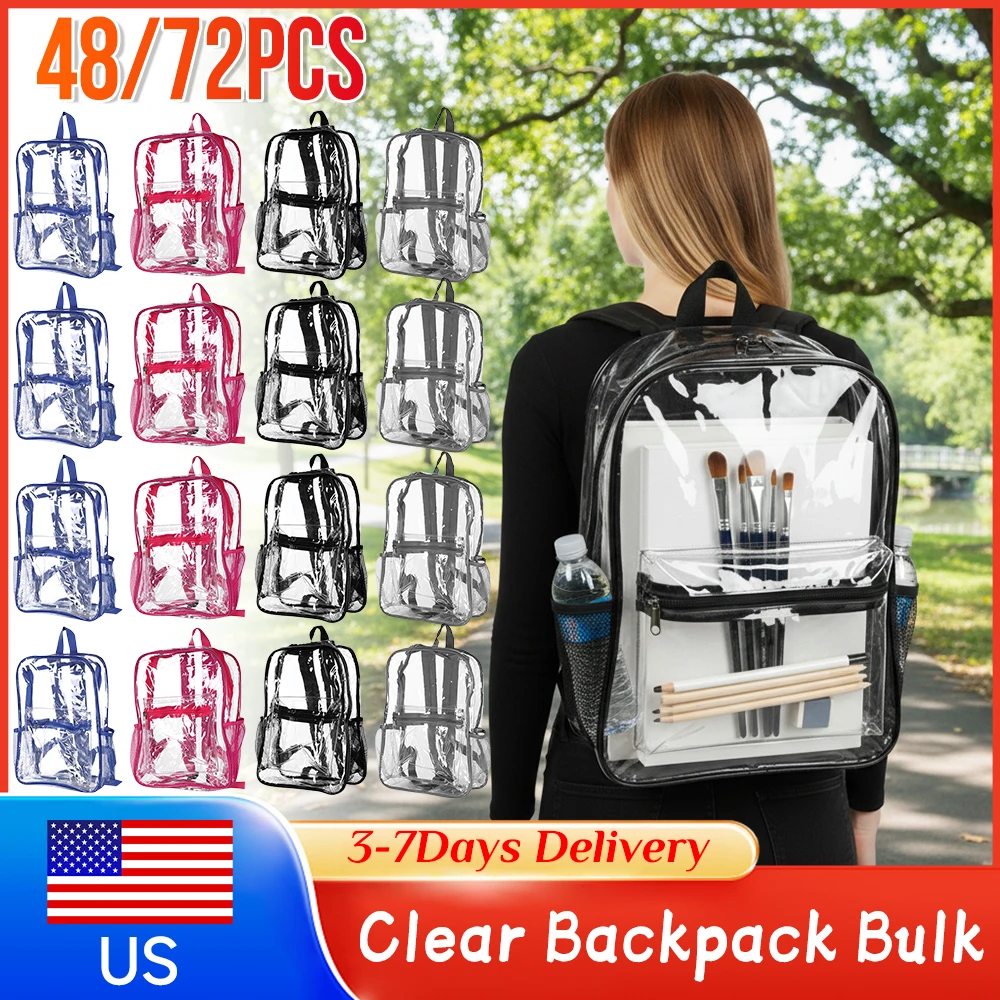 

48/72PCS 15 Inch Clear PVC Backpack Bulk Heavy Duty Transparent Bookbag Stadium Approved for Work Sport Travel College Students