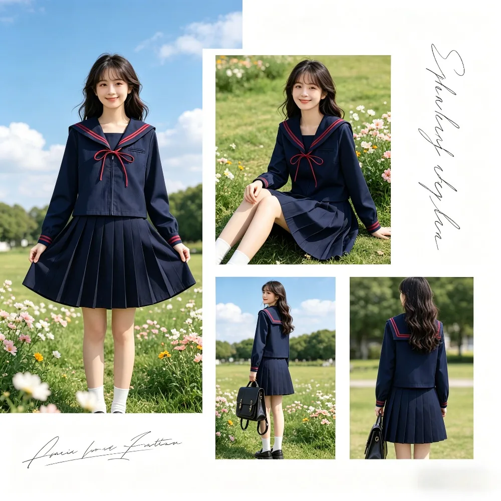 Japanese Orthodox Red Sailor Uniform Set, Pleated Skirt Student Suit, School Uniform for Graduation Photo and Daily Wear