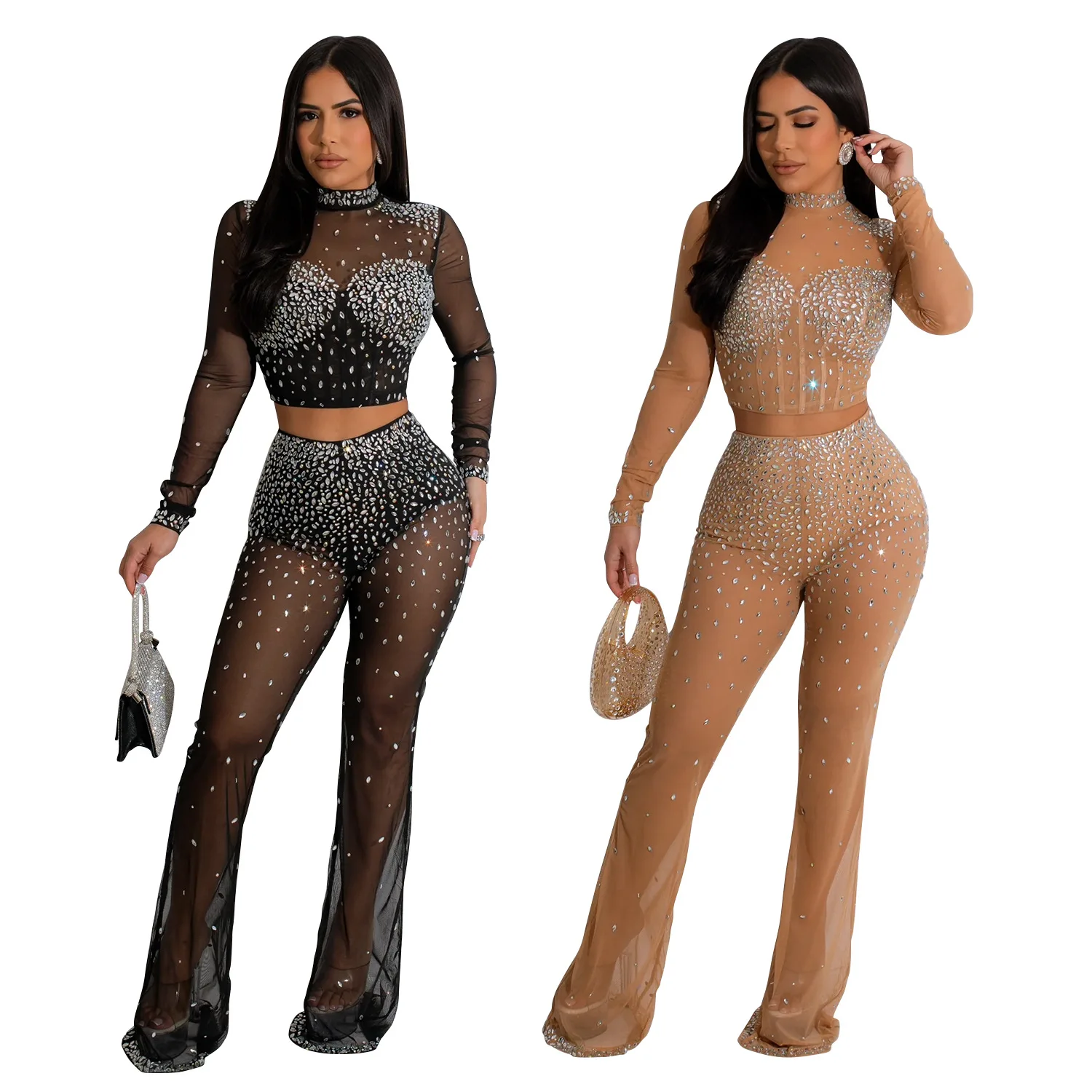 Women's Sets Rhinestone See Through Mesh Two Piece Outfit Women Long Sleeve Crop Top Flare Pants Night Club Party Matching Sets