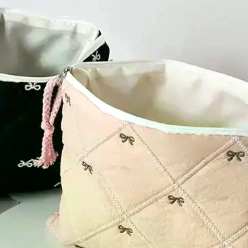 Embroidered Bow Makeup Bag Quilted Design Large Capacity Stationery Bag Multi functional Pen Bag