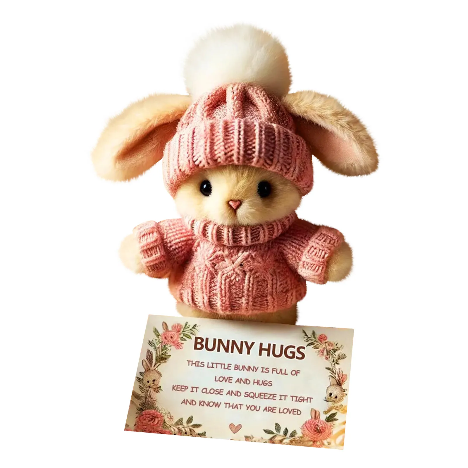 

Mini Bunny Hug Cute Easter Gift Bunny Stuffed Animal Sets Plush Pocket Hug Rabbit with Knitted Hat and Pom Pom With Box Card
