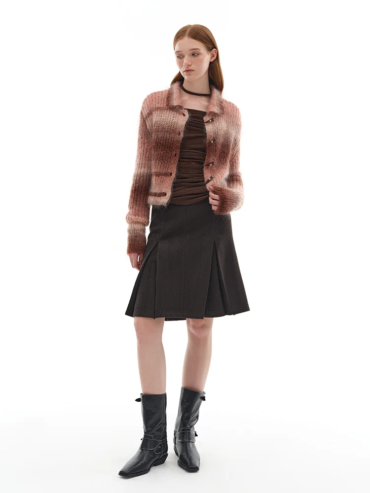 

Soft Wool Blend A-Line Skirt with Pleats Slimming Design for Autumn Winter Polyester Viscose Wool Blend Comfortable Fit
