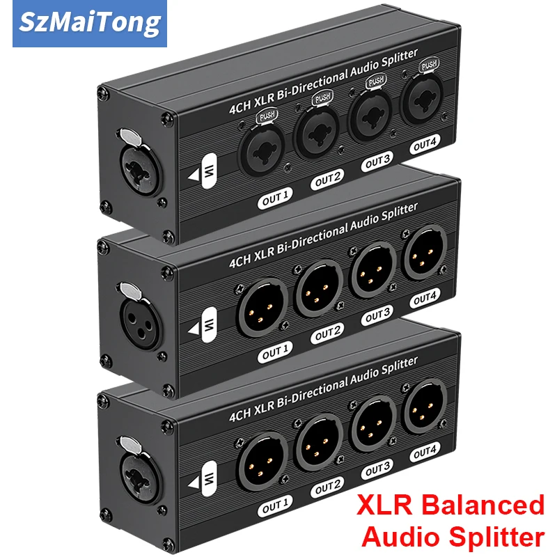1X4 XLR symmetrischer Audio-Splitter-Box, 3-polig, 1 Eingang, 4 Ausgänge, Audio-Signal-Splitter, keine Stromversorgung erforderlich für die Verteilung