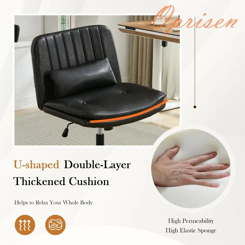 كرسي متقاطع مع عجلات، وسادة سميكة مريحة بدون ذراع، مقعد عريض، كرسي مكتب بأرجل متقاطعة مع وسادة، دوارة قابلة للتعديل #5