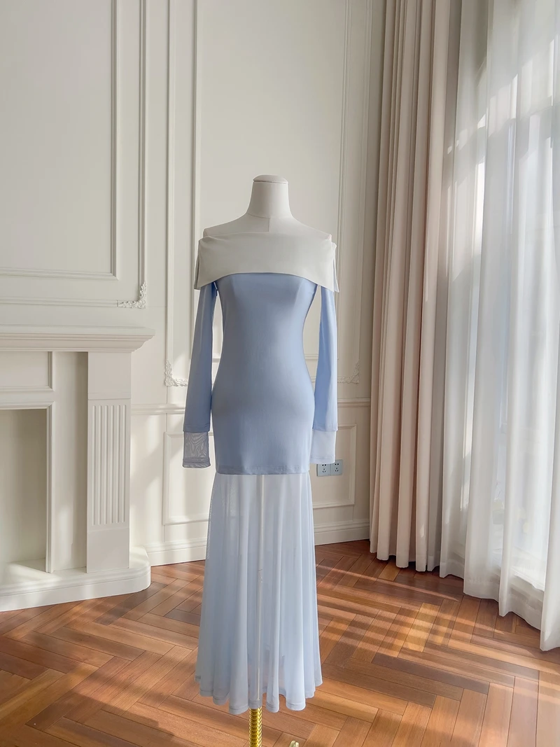 Blue Slim Fit One oulder Knitted Dr Women's Inner Wear High Waist A-Line Skirt Long Sve Zipper Closure Wedding Dr