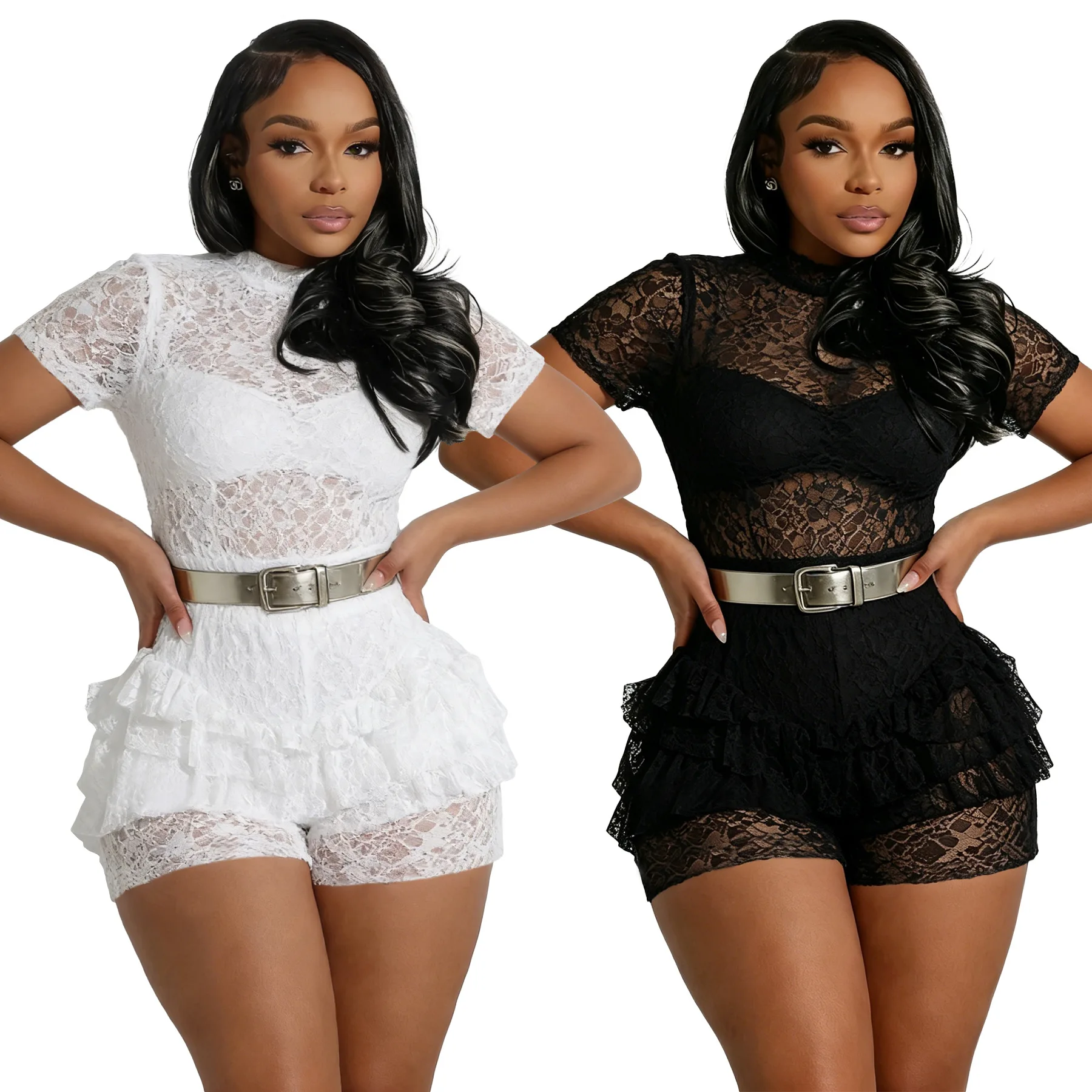 EINY Women Short Sleeve Lace Ruffles Ruched Rompers High Waist See Through Jumpsuit Streetwear Street One Piece Romper Playsuits