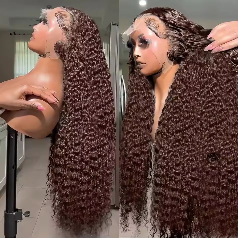 

13x6 Deep Wave Frontal Wig PrePlucked Colored Brown Curly Human Hair Wigs 250 Density Chocolate Brown Lace Front Wig Pre Plucked