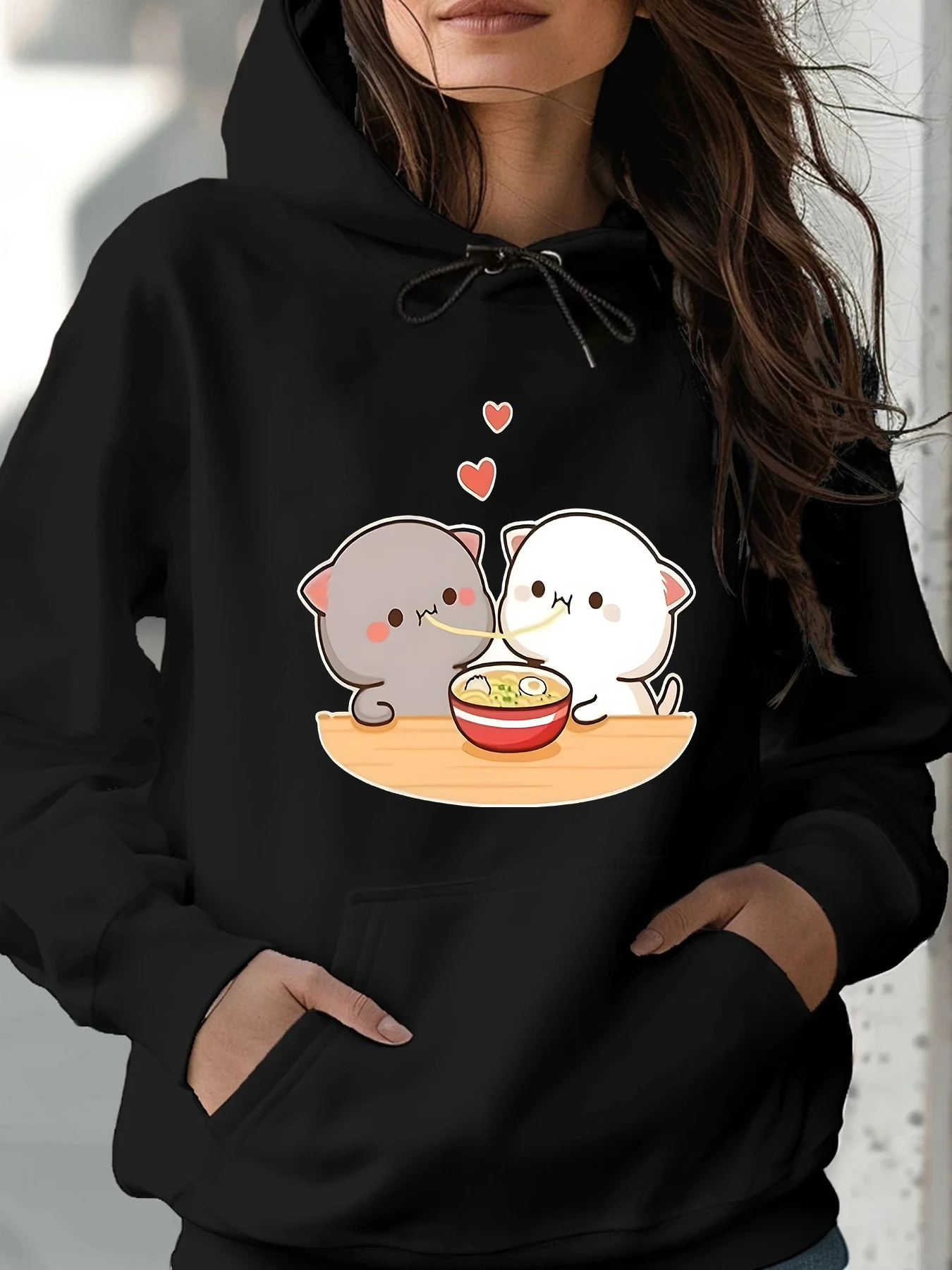 

Women'S Cute Cat Eating Lamian Noodles Hoodie - Black Pullover Sweatshirt with Kangaroo Pocket & Drawstring Hood