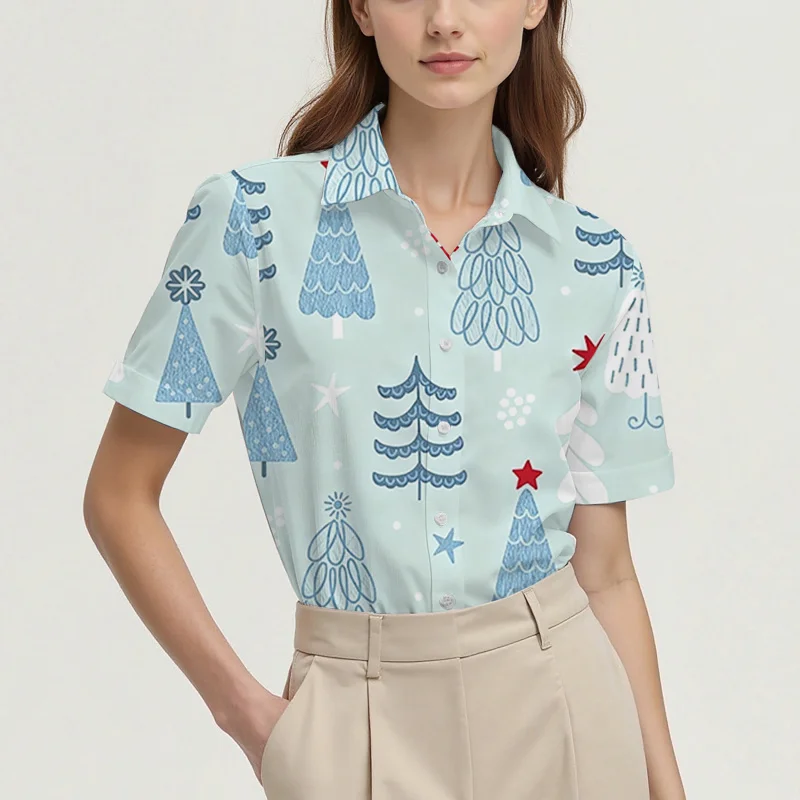Christmas Snowflake and Christmas Tree Print Women's Regular Short-Sleeve Shirt, Simple and Stylish for Everyday Wear