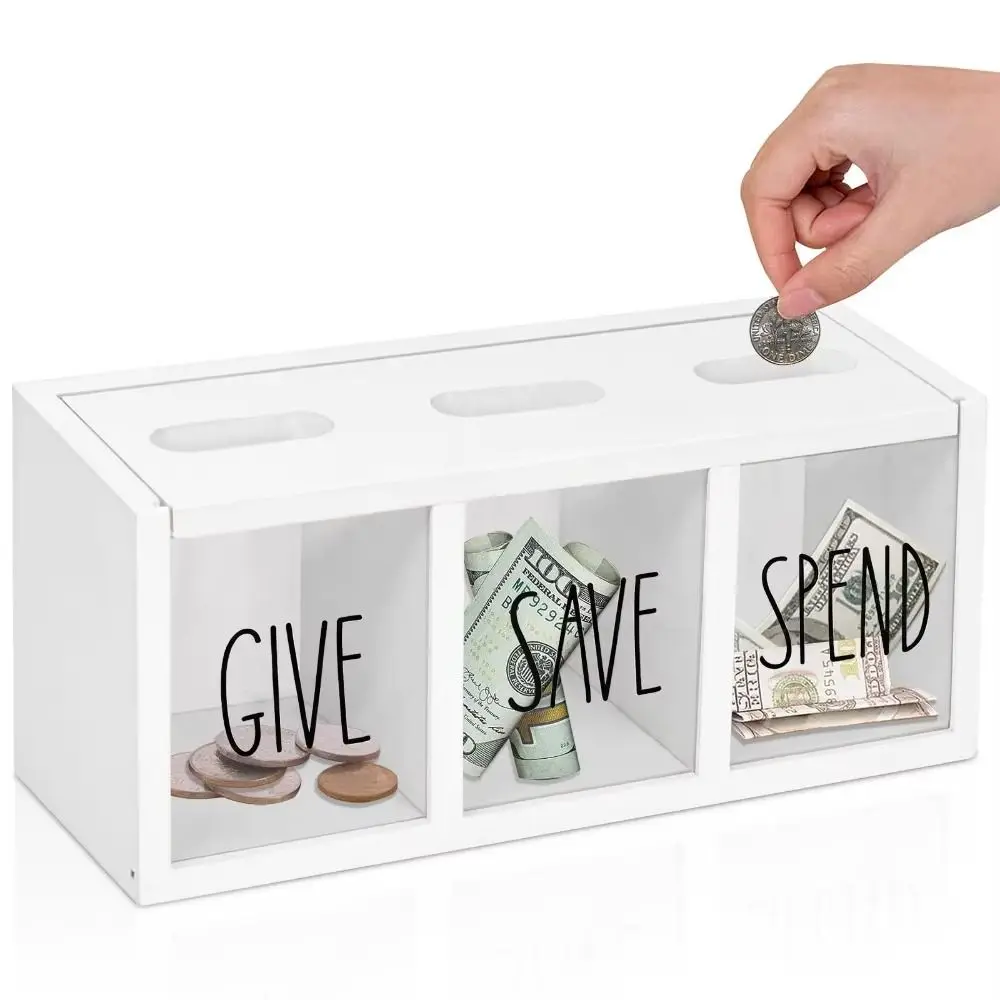 3 Compartments Wooden Money Saving Box Clearly Visualized Wall-Mount Design Saving Money Jar Reusable Large Capacity