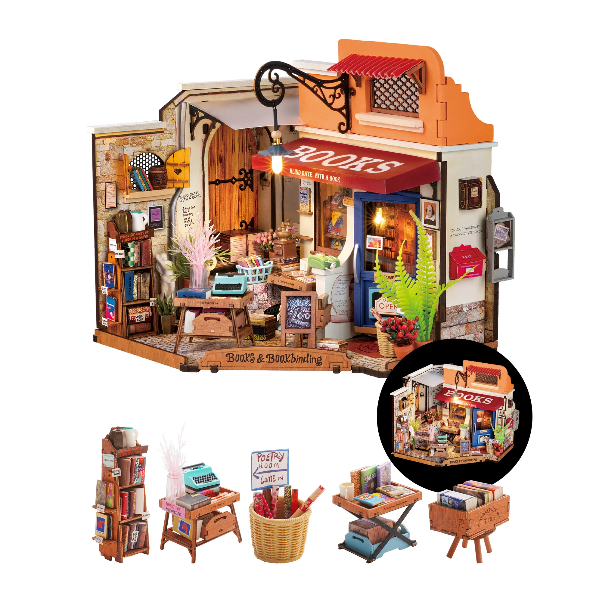 

Набор для сборки миниатюрного домика Rolife DIY: Угловой книжный магазин, 3D деревянный пазл, модель кукольного домика с LED-подсветкой для домашнего декора, подарок для взрослых