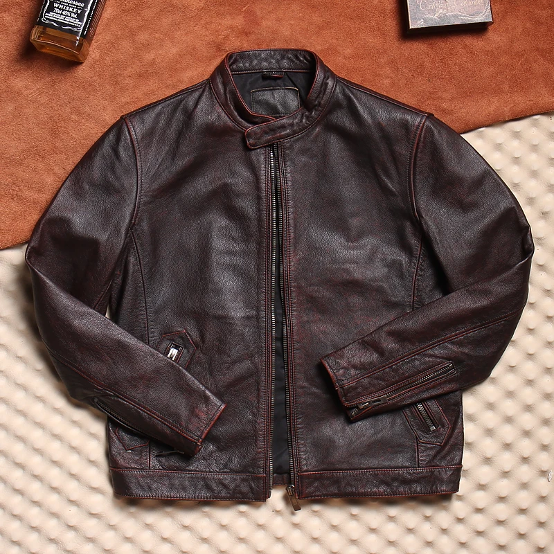 

Retro Autumn Winter Top Layer Cowhide Leather Biker Jaet Genuine Leather ort Casual Outerwear Men's Vintage Stand Collar