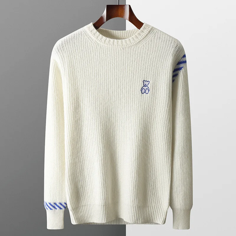 

100% Merino Wool Knitted Pullovers Men's O-Neck Thicken Sweater Fashion Bear Ingot Needle Bottoming Shirt Autumn Cashmere Tops