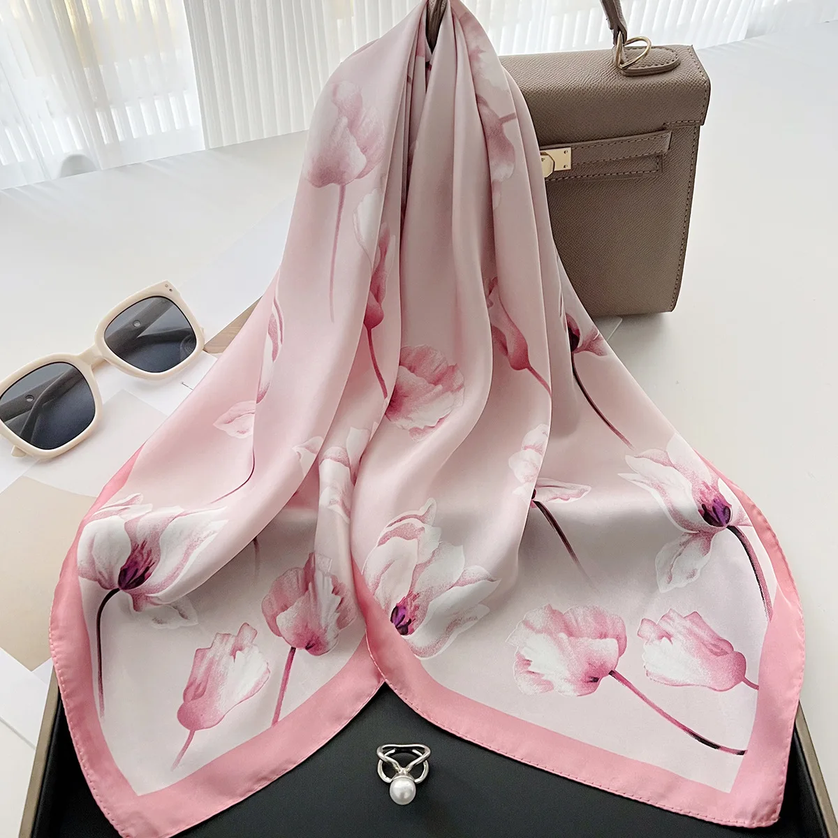 Fashion 70cm Square Bohemia Luxury Women's Silk Satin Small Scarves Flower Printed Headscarf Designer Scarf Headband Hijab image 3