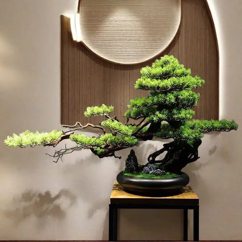 Chinese Style Artificial Pine Bonsai, Faux Green Plant Tabletop Ornament for Hotel Entryway Living Room Decor