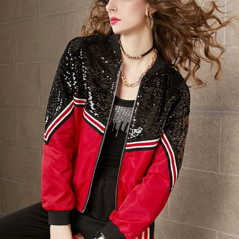 

Осеннее пальто женское короткое, новинка 2023 года, модный воротник-стойка, универсальный свободный топ контрастного цвета в иностранном стиле с блестками