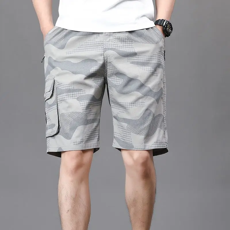 Summer Thin Men Pure Cotton Camouflage Cargo Shorts Elastic Waist Street Fashion Casual Zipper Pocket Loose Sports Short Pants