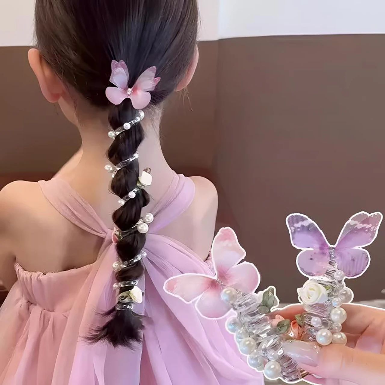 Fairy Butterfly Pearl Telephone Line Hair Ropes Sweet Girl Elastic Rubber Bands Braid Ponytail Headwear Kids Hair Accessories