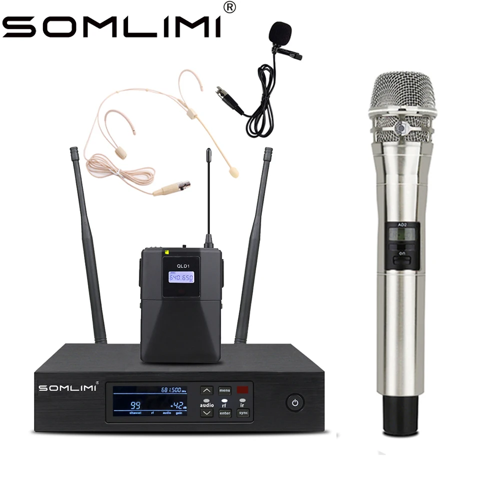 SOMLIMI-Q-K8-Silvery-Fullset 진정한 다양성 전문 무선 마이크 시스템 UHF 금속 핸드 헬드 가라오케 무대 공연