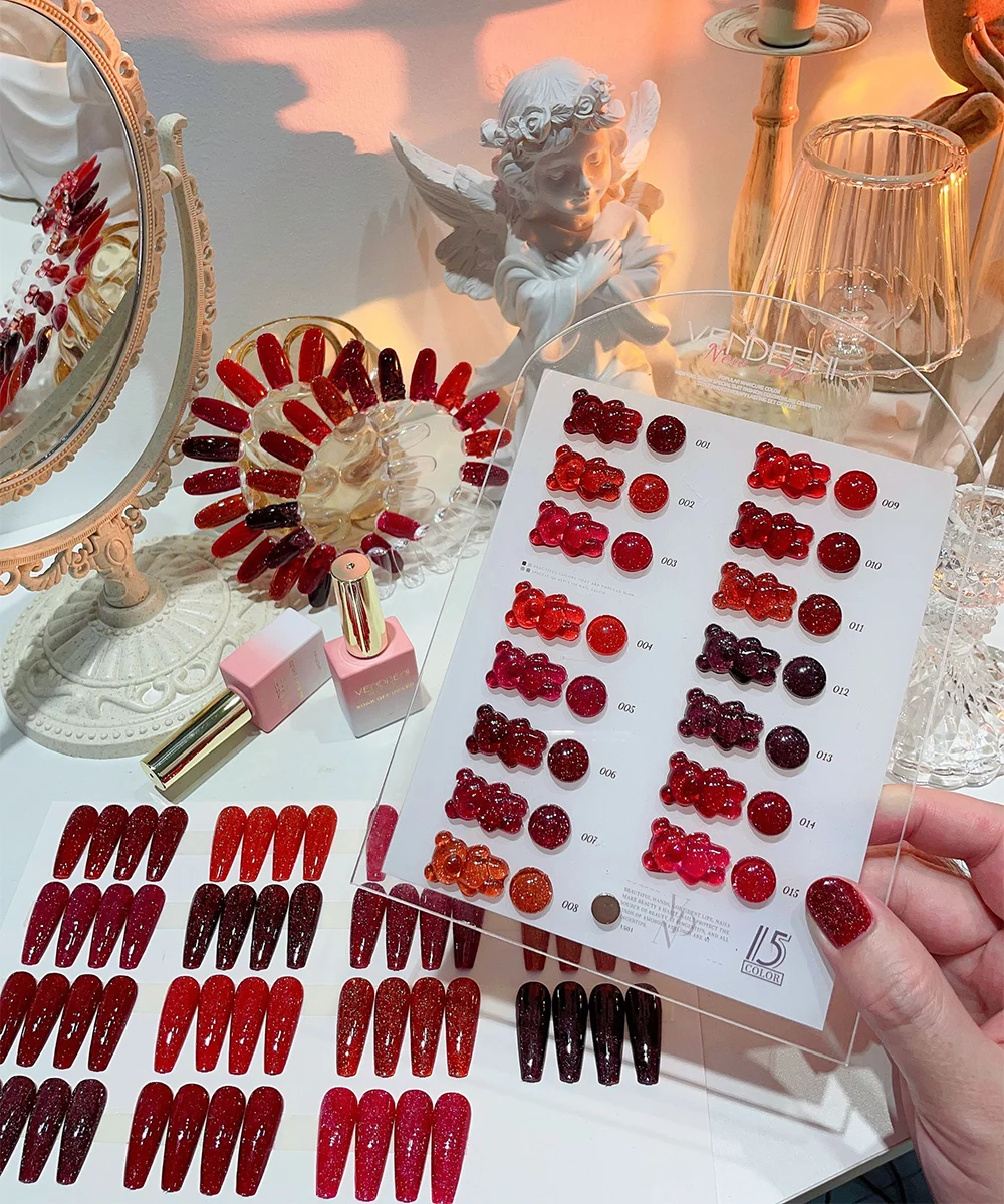 Vendeeni 15 Farben/Set Roter Glitzer-Broken-Diamond-Gel-Nagellack Semi-Permanenter UV-LED-Soak-Off-Gel-Lack mit Display – Detail 3