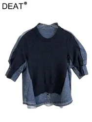 DEAT Women's Pullover O-neck Knitting Patchwork Denim Short Sleeve Single Breasted Blue Tops 2024 Autumn New Fashion 29L3157