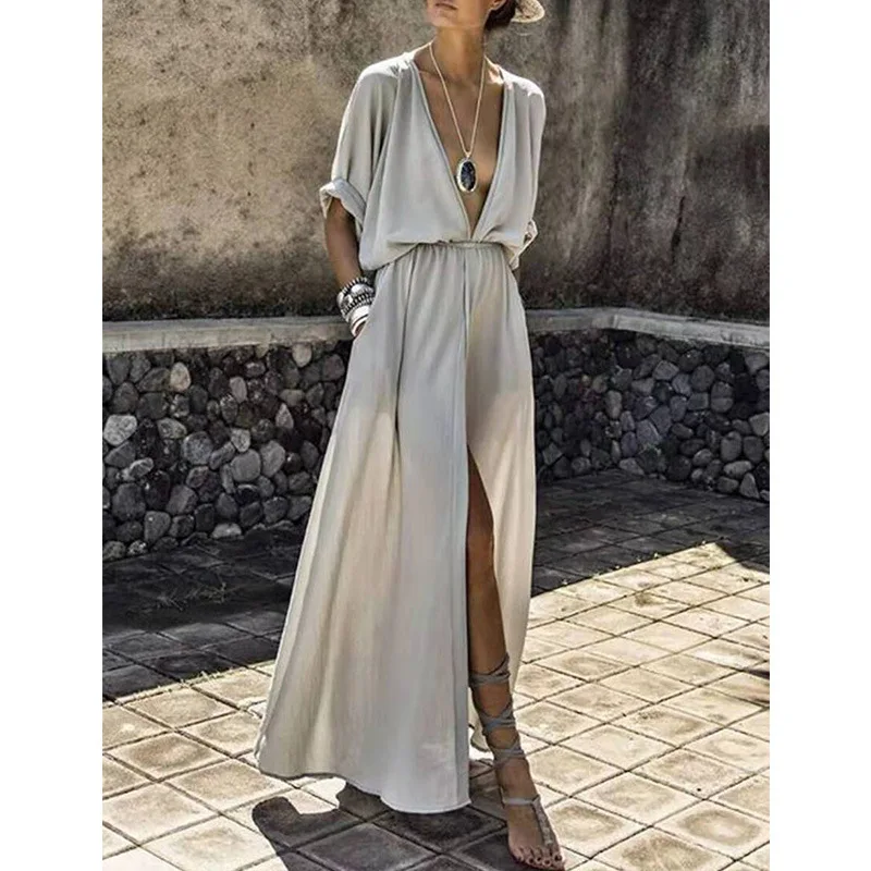 JY Women's new with temperament, commuting style, sexy mid sleeved deep V-neckline with a slit Solid color long dress