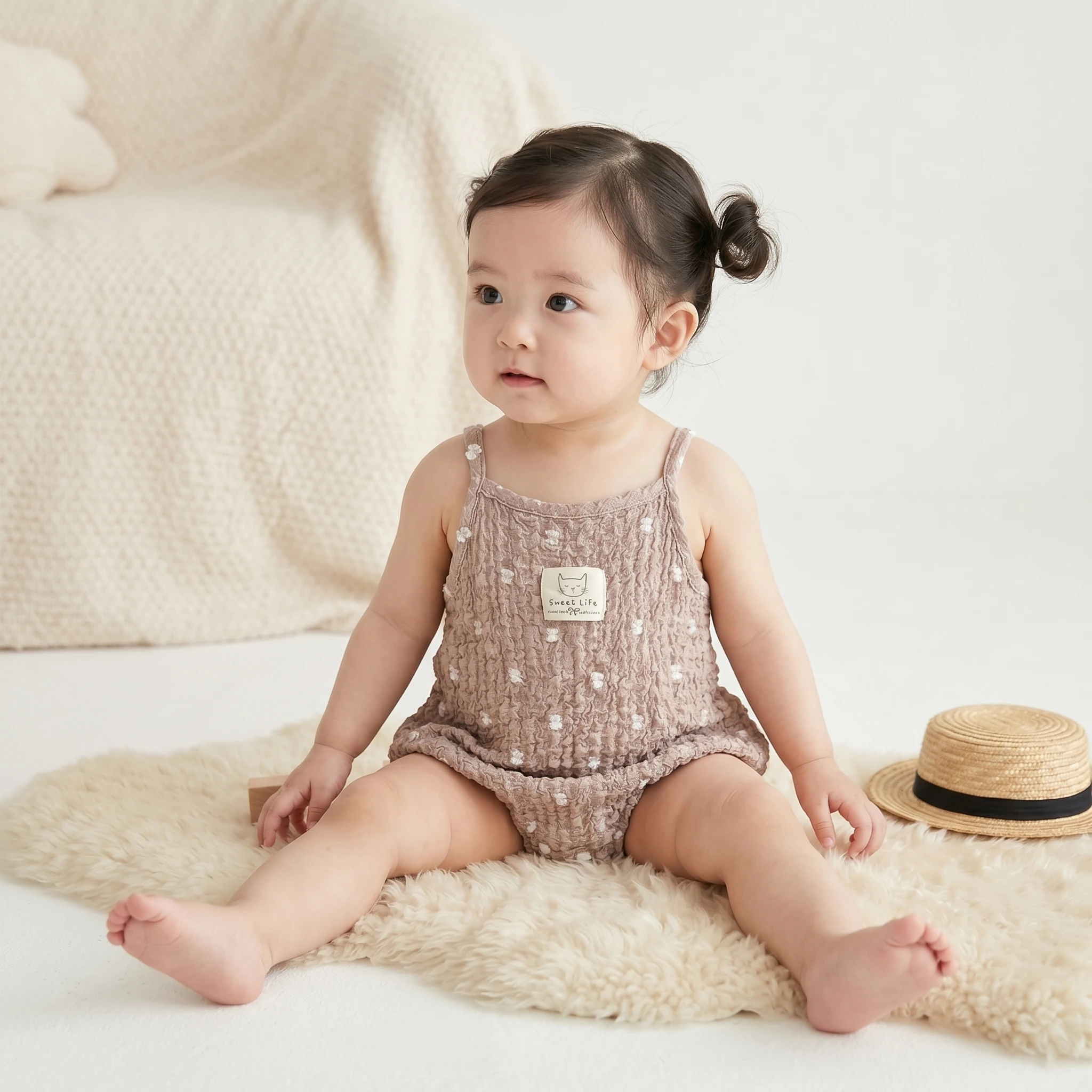 Macacão de Verão Estilo Coreano para Bebês com Aplique de Gato e Poás, Sem Mangas, para Meninas, Roupas Infantis Macias e Respiráveis para o Dia a Dia