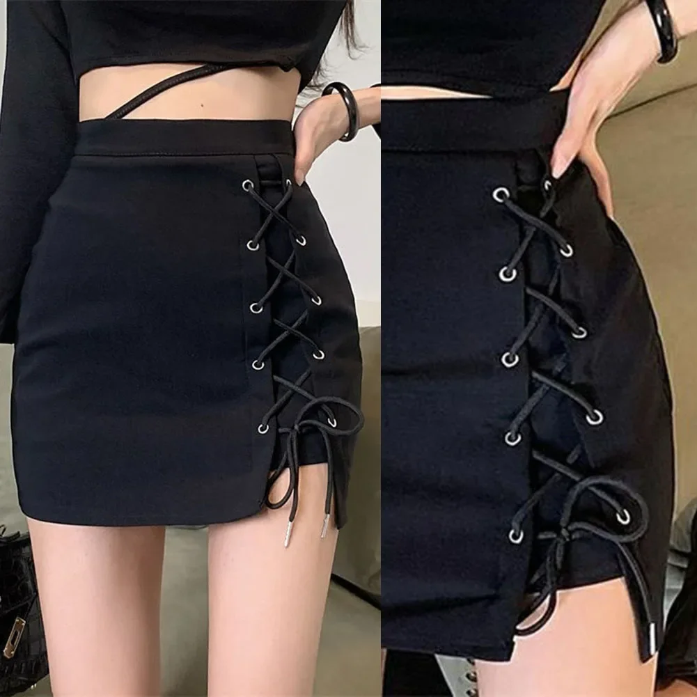 Mini jupe taille haute à lacets pour femmes, jupe courte noire maigre, batterie gothique, sangle serrée, ligne A, dames, sexy, été