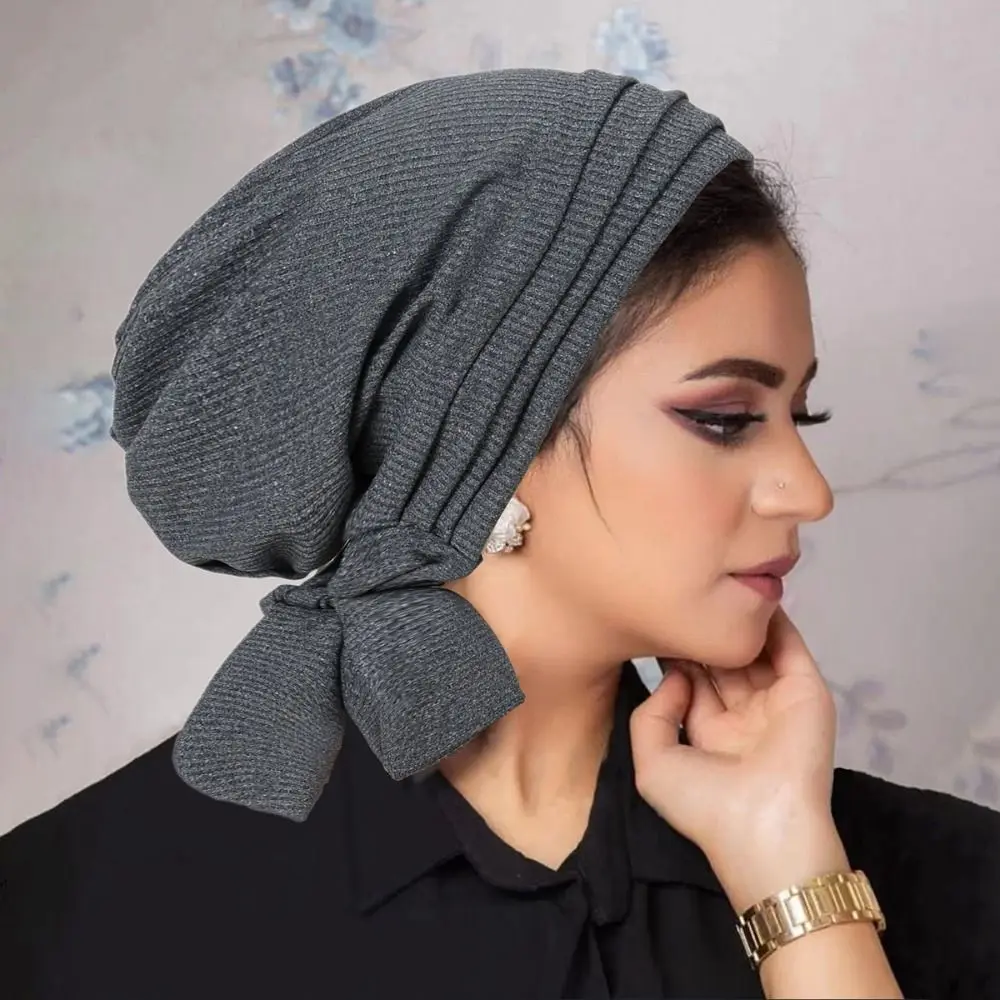 Muslim Long Tail Pile Cap Thread Four Bars Two Sunken Stripe Women Hijab Bonnet Solid Color Hair Loss Hat Pleated Ruffle Turban