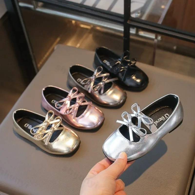 Kids Square Dance Performance Shoes Black Solid Color Girls Princess Shoe with Double Bow 2026 New Girls Leather Shoes Soft Sole