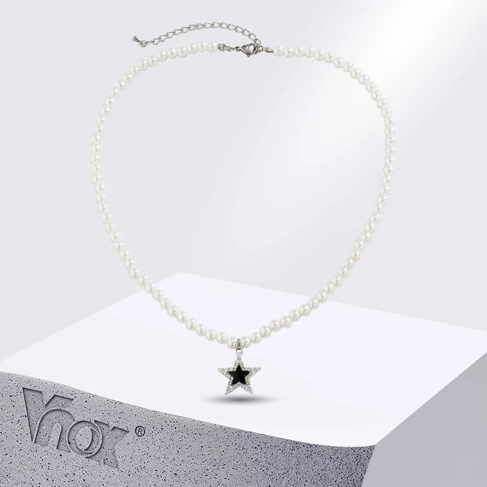 

Vnox Unisex Star Pendant Necklaces, Imitation Pearl Beads Chain Collar, Women Men Cool Minimalist Accessory