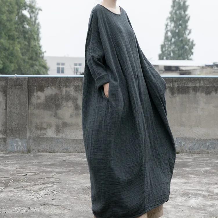 

Literary travel Skin-friendly double-layer bamboo joint texture Heavy cotton and linen ultra-loose long dress Fashion casual ver