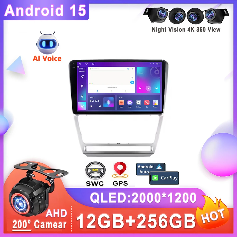 Car Android 15 Auto Radio For Skoda Octavia 2 A5 2008 - 2013 Stereo Head Unit Multimedia Player No 2din DVD Dash Cam QLED Screen