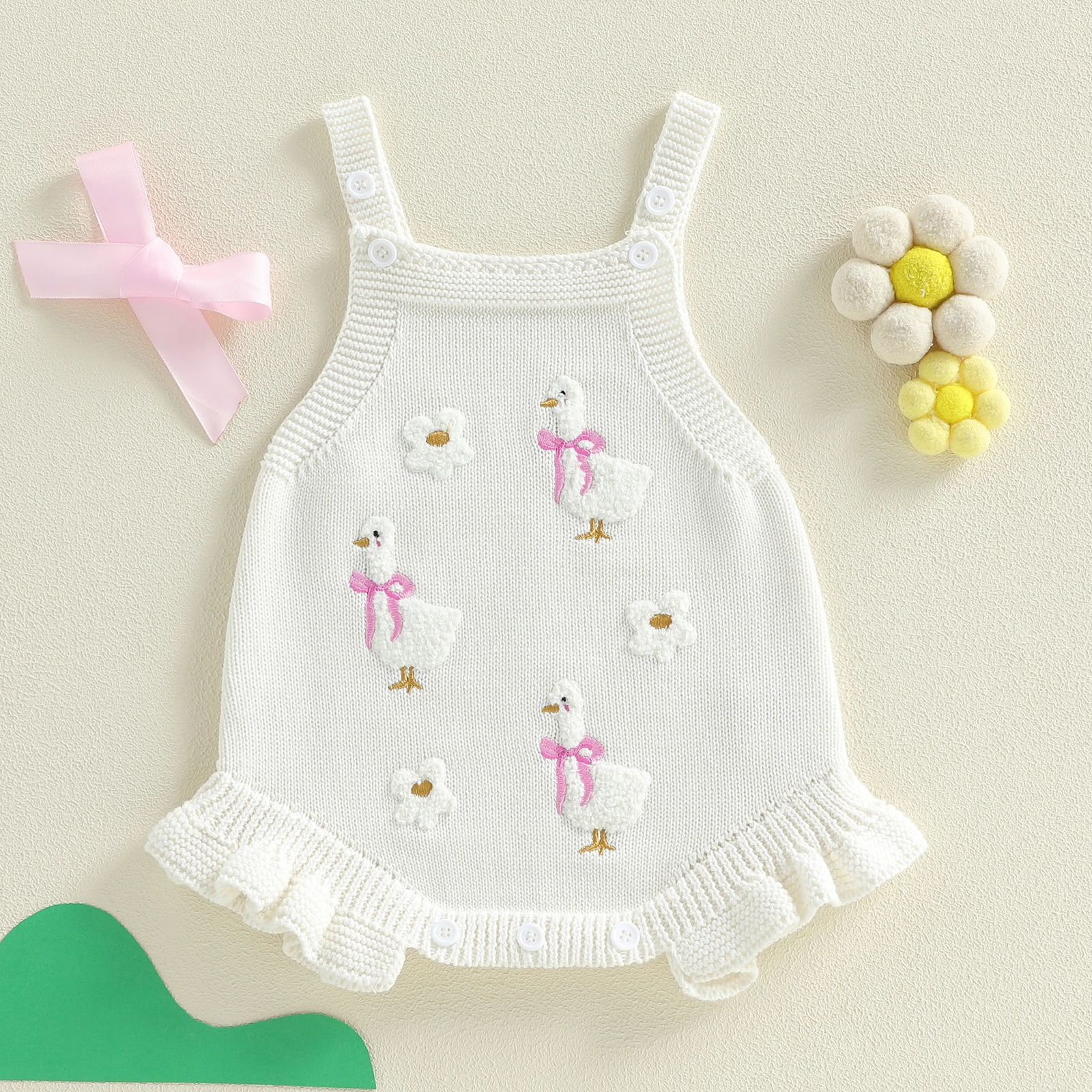 Baby Girl Knit Overalls Sleeveless Duck Flower Knit Romper Bodysuit Infant Spring Fall Knitwear Clothes