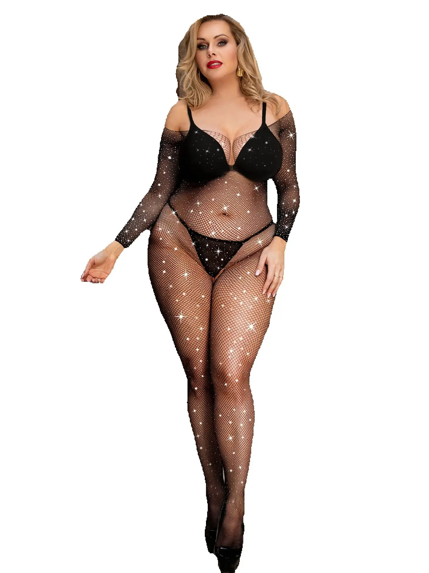Comeondear Fishnet Bodystocking 5XL Plus Size Lenceria Sensual Mujer Lingerie Sexy Long Sleeve Mesh Bodystocking with Rhinestone