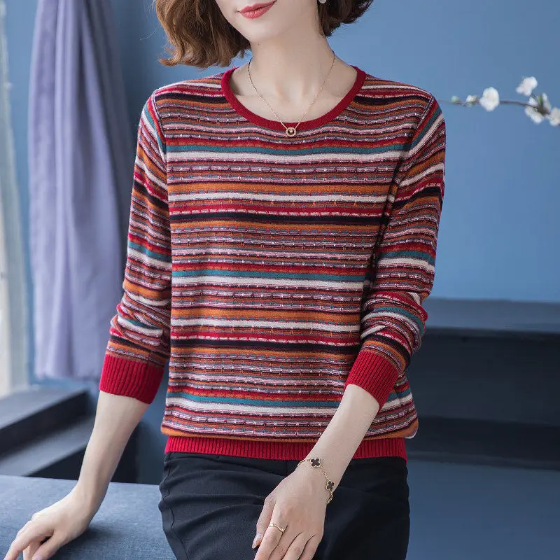 Vintage Autumn Winter Spliced Leisure Knitting Women\'s Clothing Striped Thin O-Neck Dimensional Cut Pullovers Loose-fitting Wild