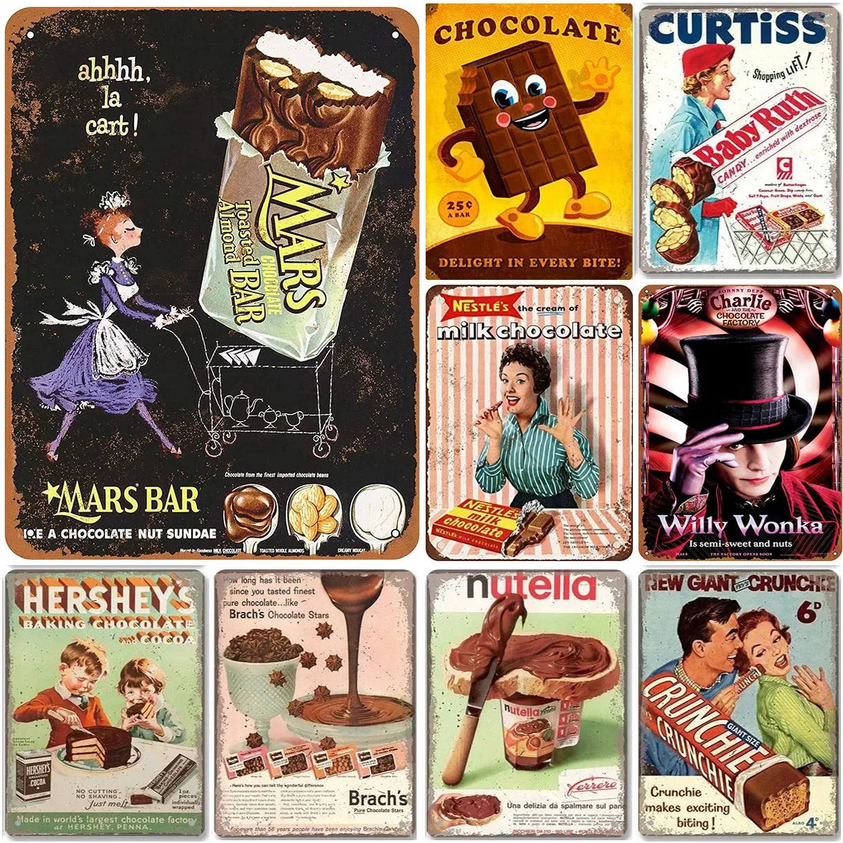 Letrero Metálico HD Vintage de Chocolate y Dulces, Decoración de Pared - Letrero Metálico Retro de Mars Bar, Nutella, Hershey's, Willy Wonka